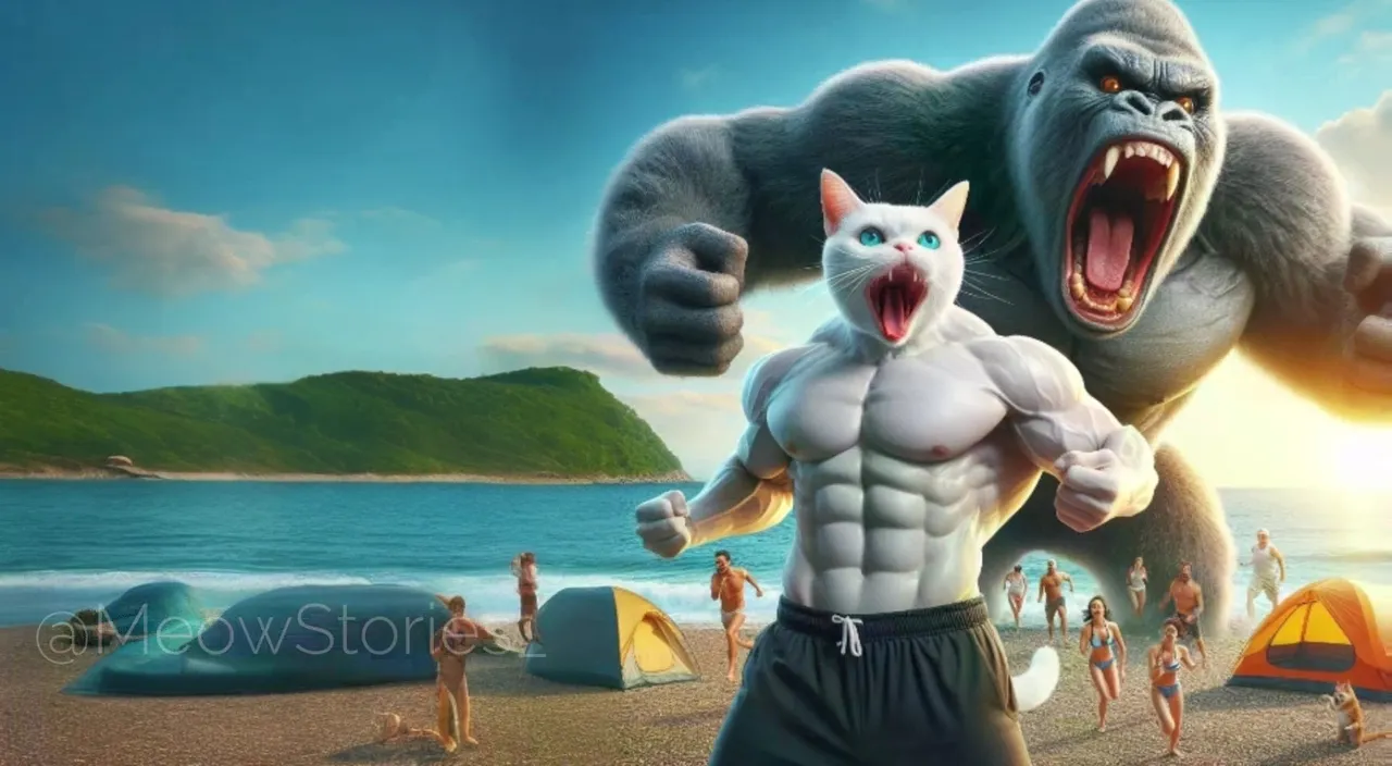 a man with a cat standing next to a gorilla on a beach