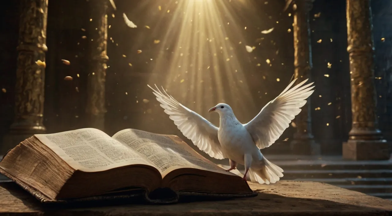 a white dove flying over an open book