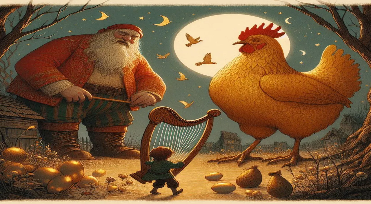 a painting of a man playing a harp next to a chicken