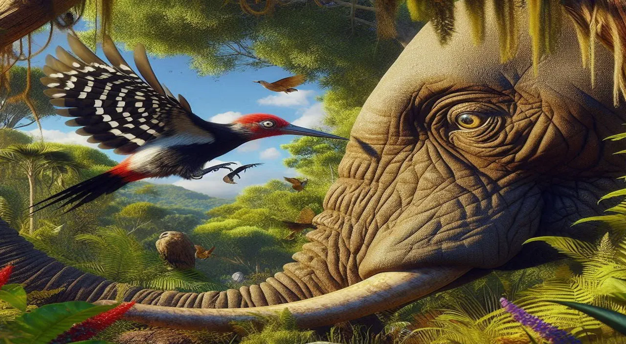 in a jungle landscape. one woodpecker striking one elephant    eyes with precise, powerful pecks. . The scene is rendered in vibrant 3D with rich, saturated colors and detailed textures that bring the environment to life.”