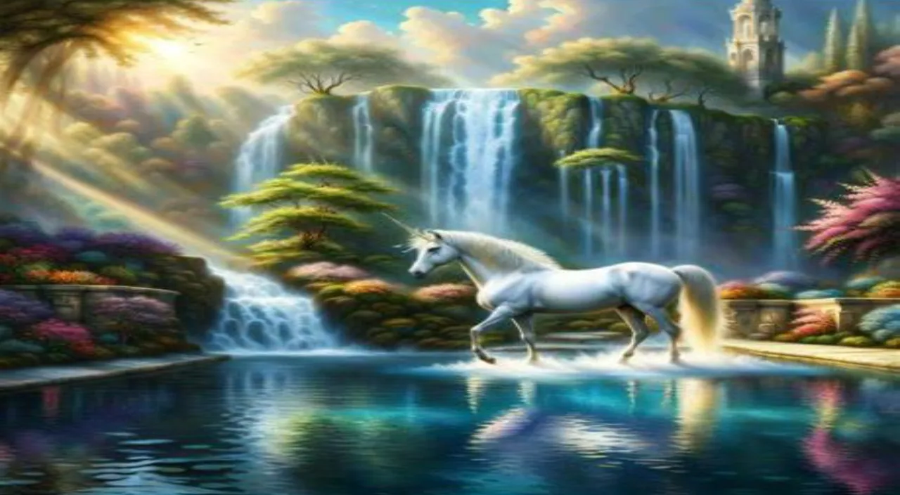 a white horse standing in front of a waterfall