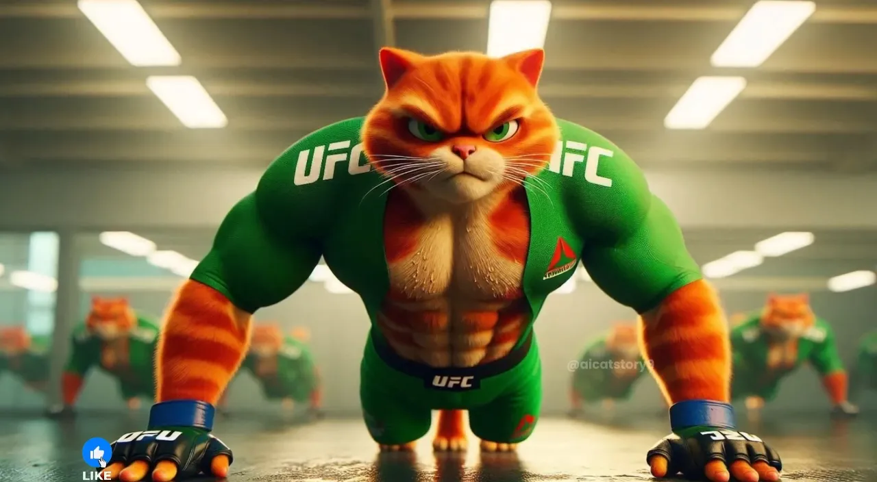 a cat in a green and orange outfit standing in a gym