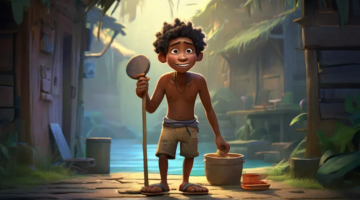 a cartoon boy with a bucket and a ladle, Pixar Animation | multiple characters