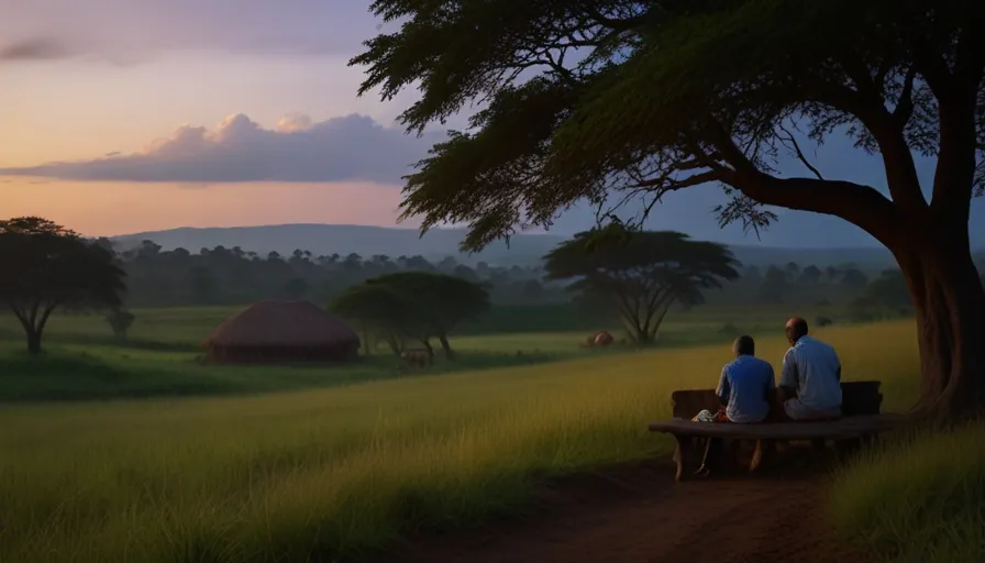 two people sitting on a bench in a field