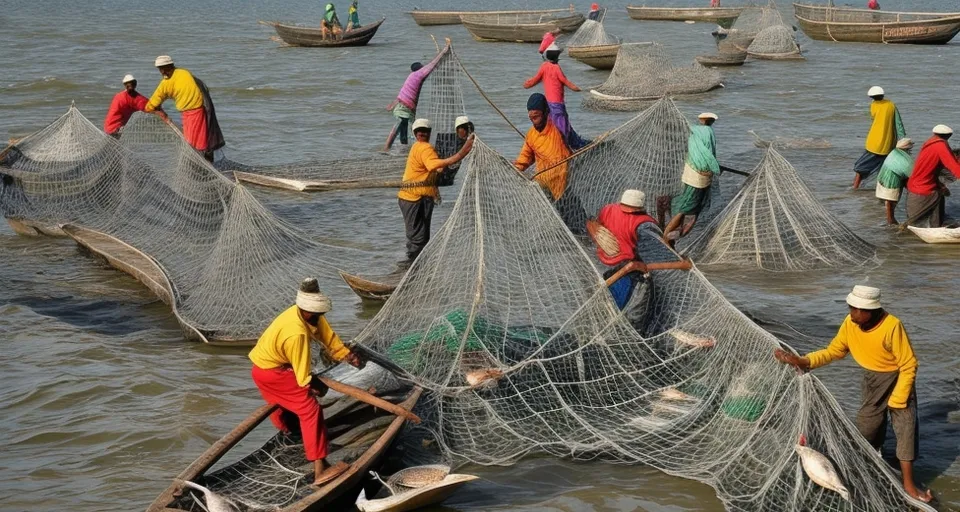 a group of people in a body of water with nets catching fish.