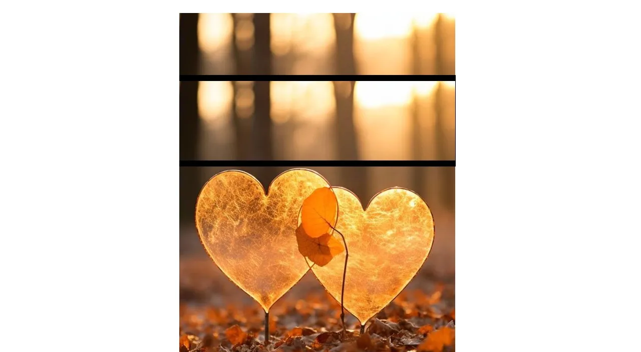 a couple of hearts sitting on top of a pile of leaves