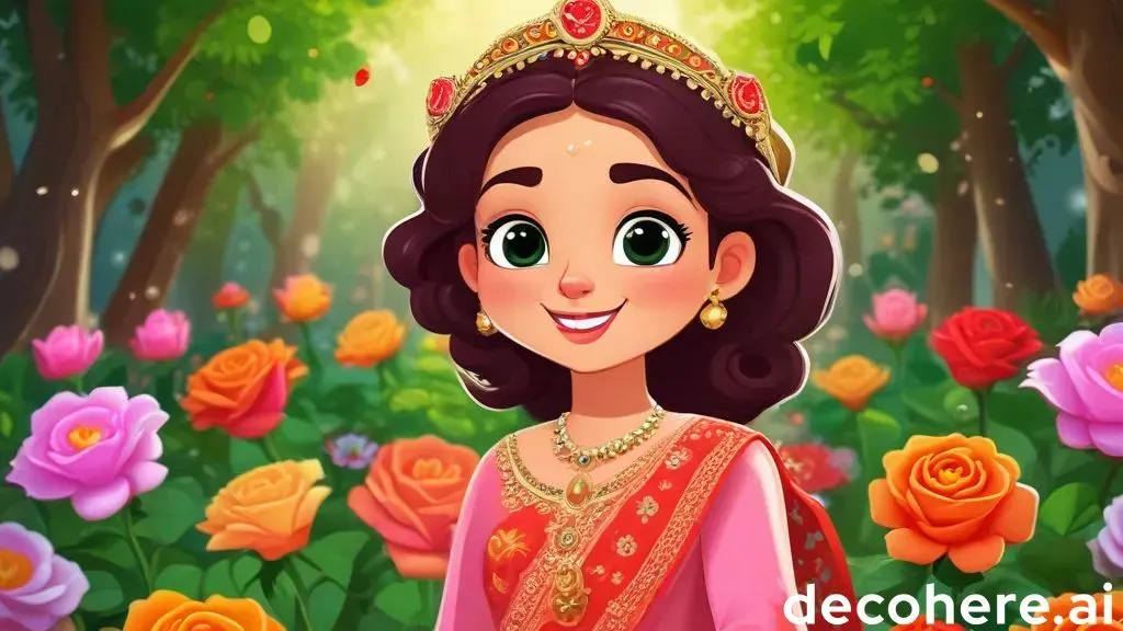 a cartoon girl with a tiara in a flower garden