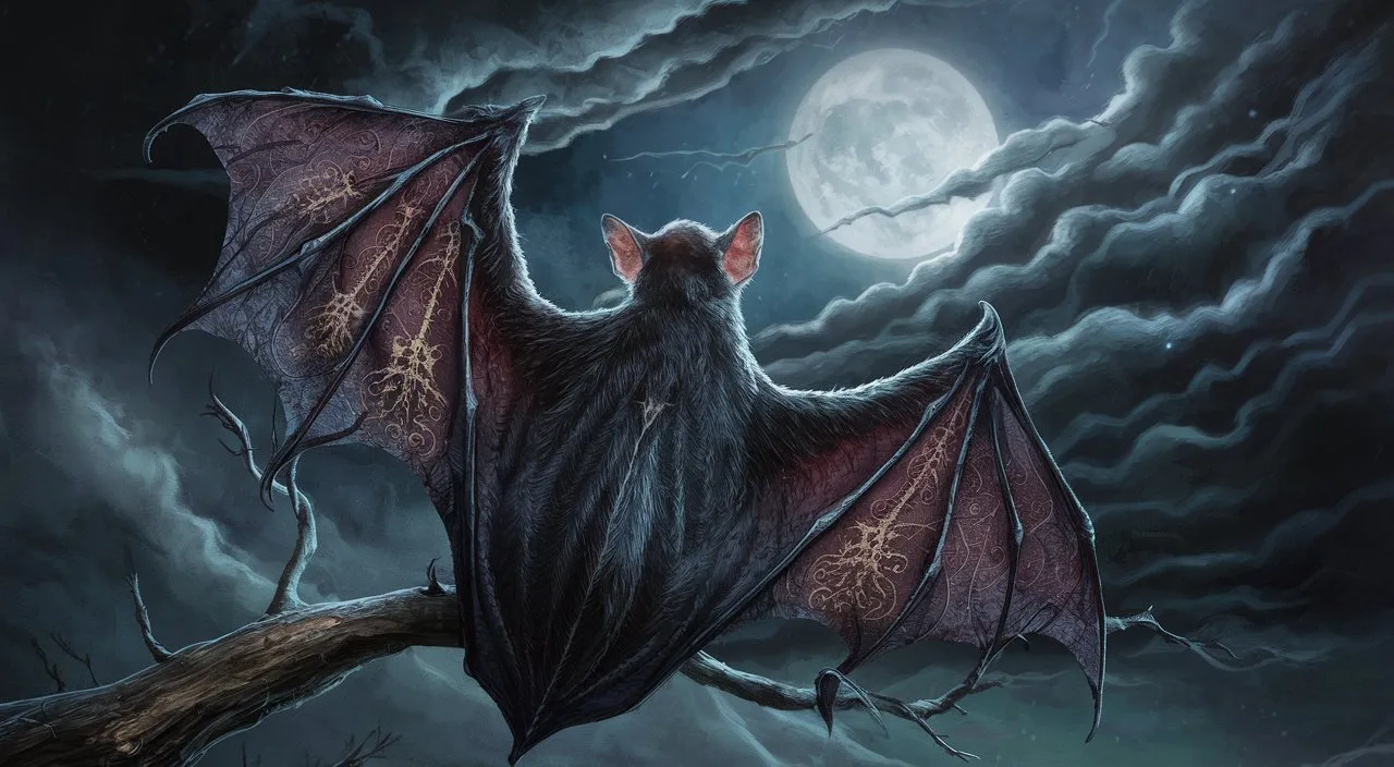 a painting of a bat on a tree branch with a full moon in the background