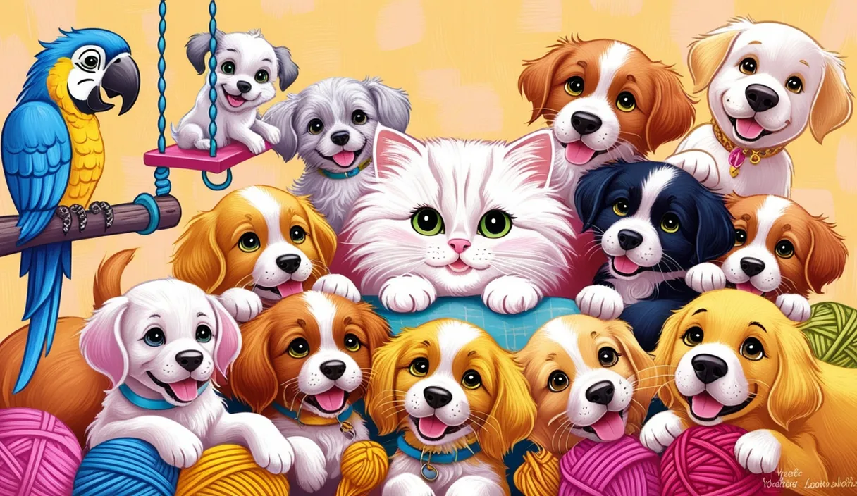 a painting of a group of dogs and cats