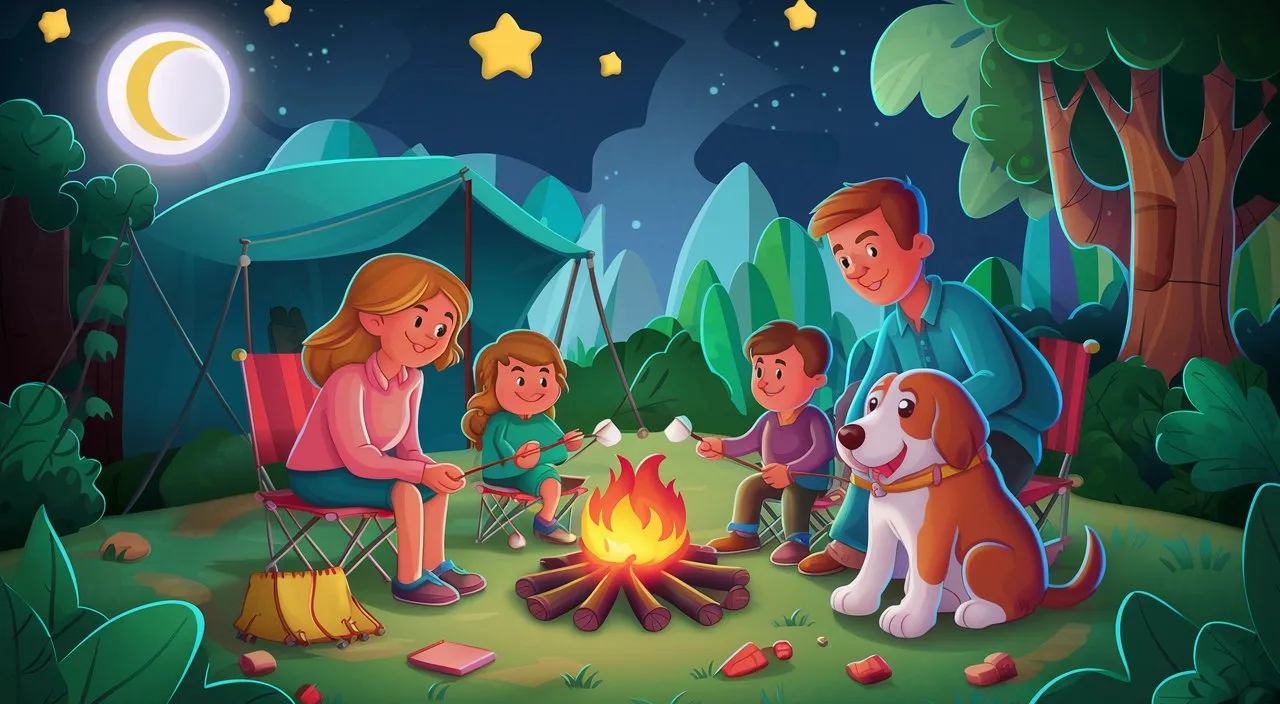 a family sitting around a campfire at night