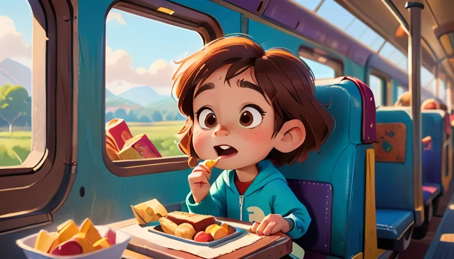 a cartoon character eating food on a train