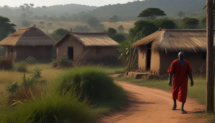 a man walking down a dirt road in front of huts