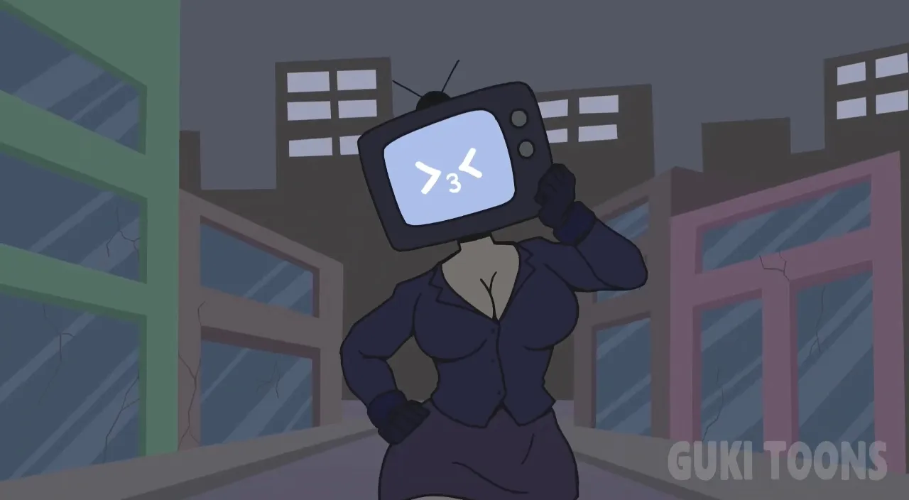 a cartoon of a woman with a tv on her head