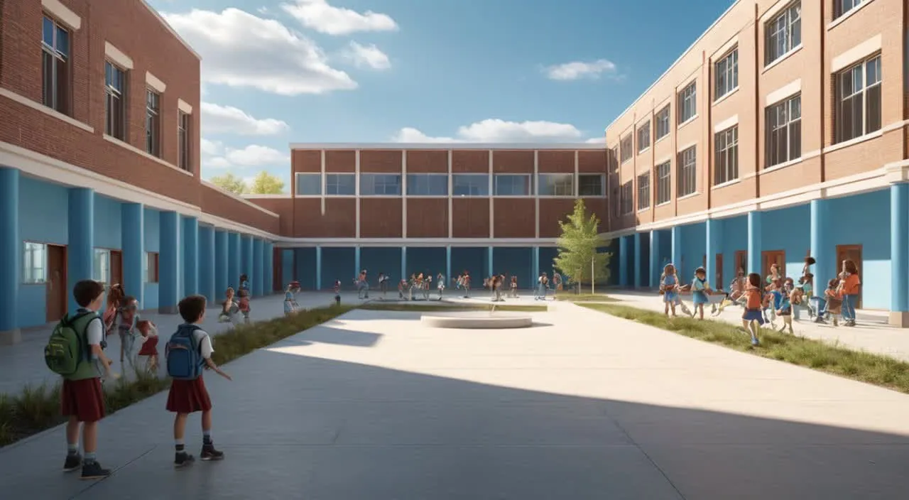 a group of kids walking around a courtyard in front of a building