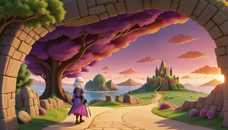 Elara walks along a winding path leading away from the Secret Kingdom, her silhouette framed against the backdrop of a vibrant sunrise, symbolizing the dawn of her next adventure.