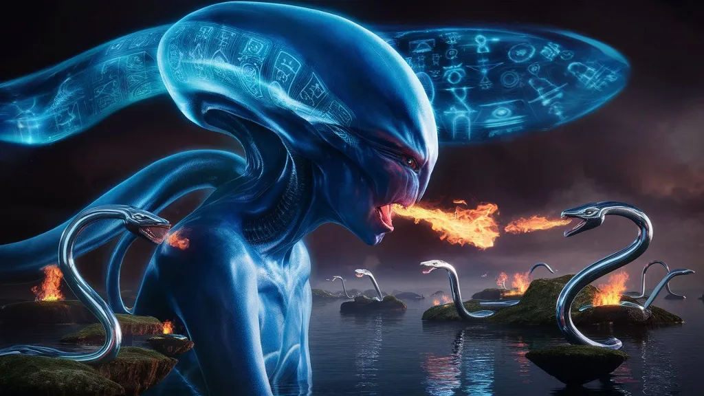 A breathtaking 4K cinematic still of an otherworldly blue alien entity. The alien's skin projects holographic ancient symbols that shimmer and dance in the atmosphere. Silver chrome serpents, breathing fire, emerge from the mystical waters of the Lake of Cosmic Knowledge, located on floating islands. The level of photorealistic detail in this intricate scene is unparalleled, capturing the essence of a dark sci-fi fantasy blockbuster.