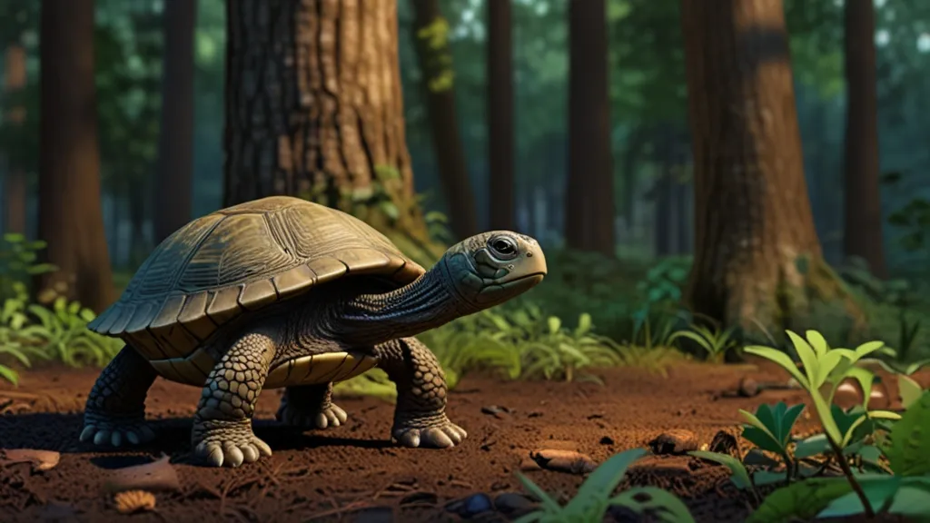 a tortoise walking in the middle of a forest