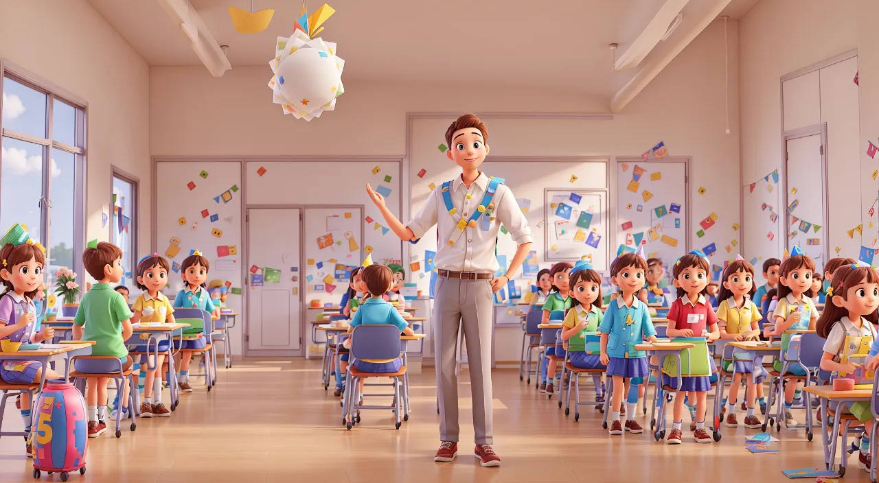 a man standing in front of a classroom full of children