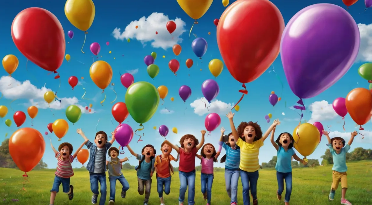 a group of children jumping up into the air with balloons