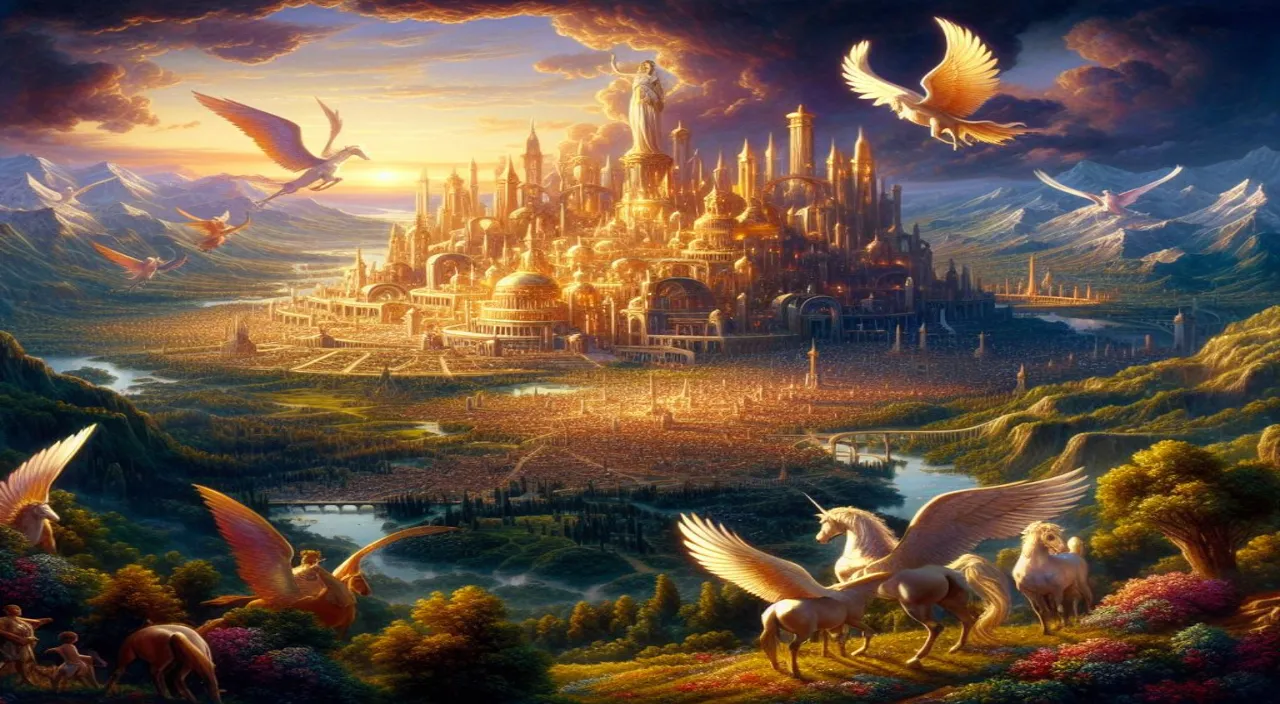 a painting of a castle surrounded by birds