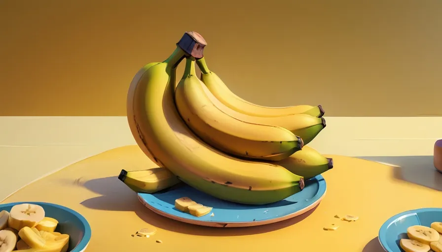 a bunch of bananas sitting on top of a blue plate