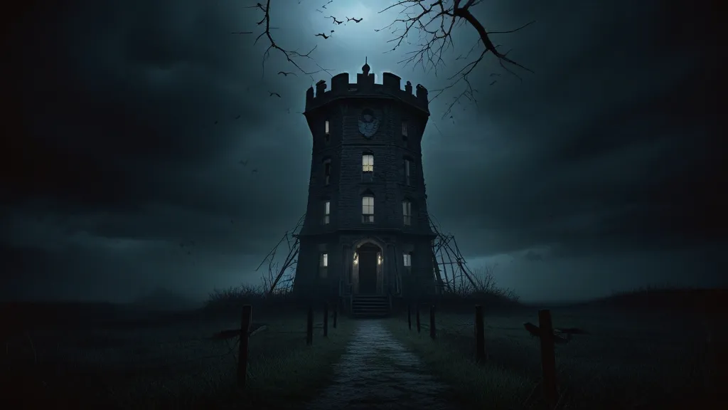 a creepy house with a full moon in the background