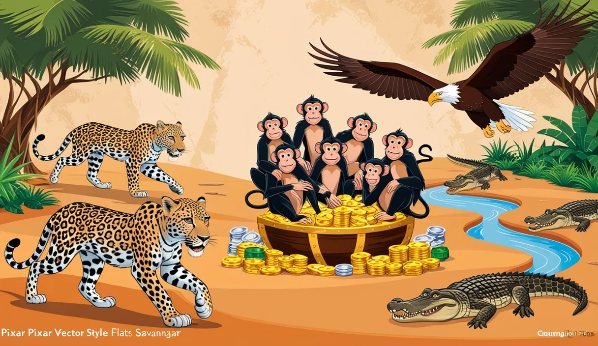 a painting of a group of monkeys and a group of monkeys in front of a