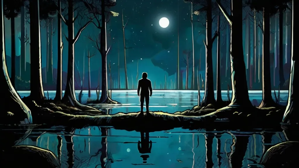 a man standing in the middle of a forest at night