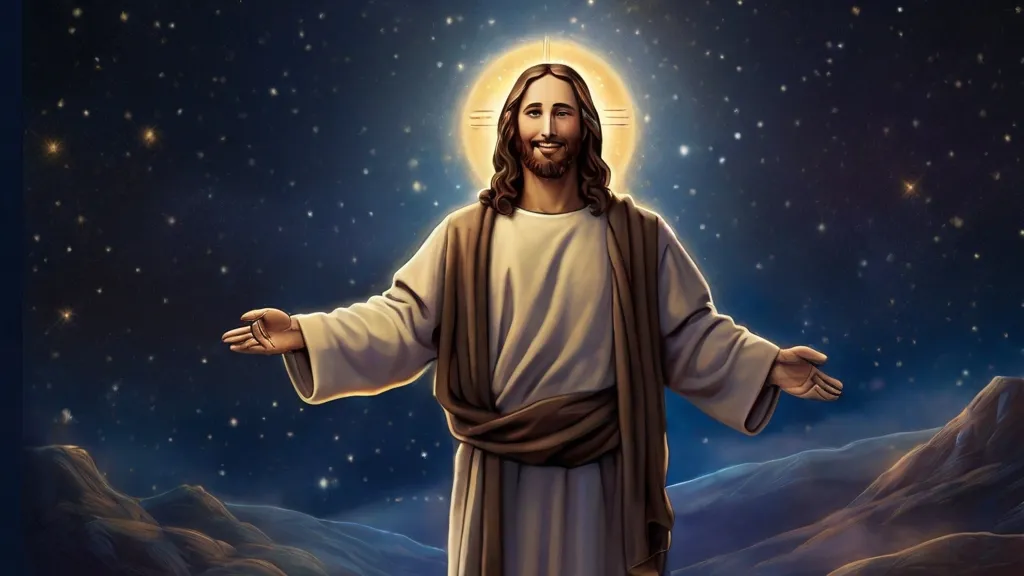 a painting of jesus with his arms outstretched