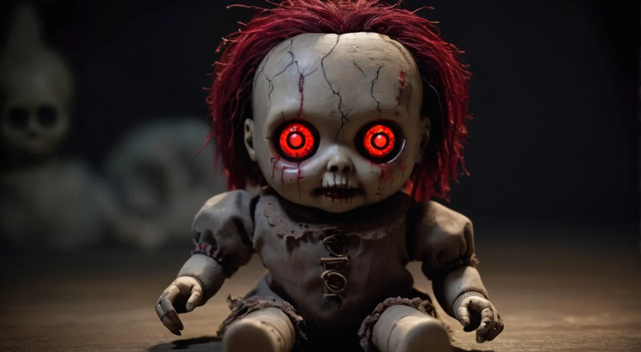 a creepy doll with red eyes sitting on a table