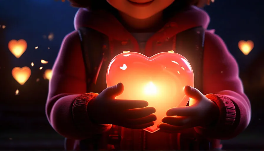 a little girl holding a glowing heart in her hands