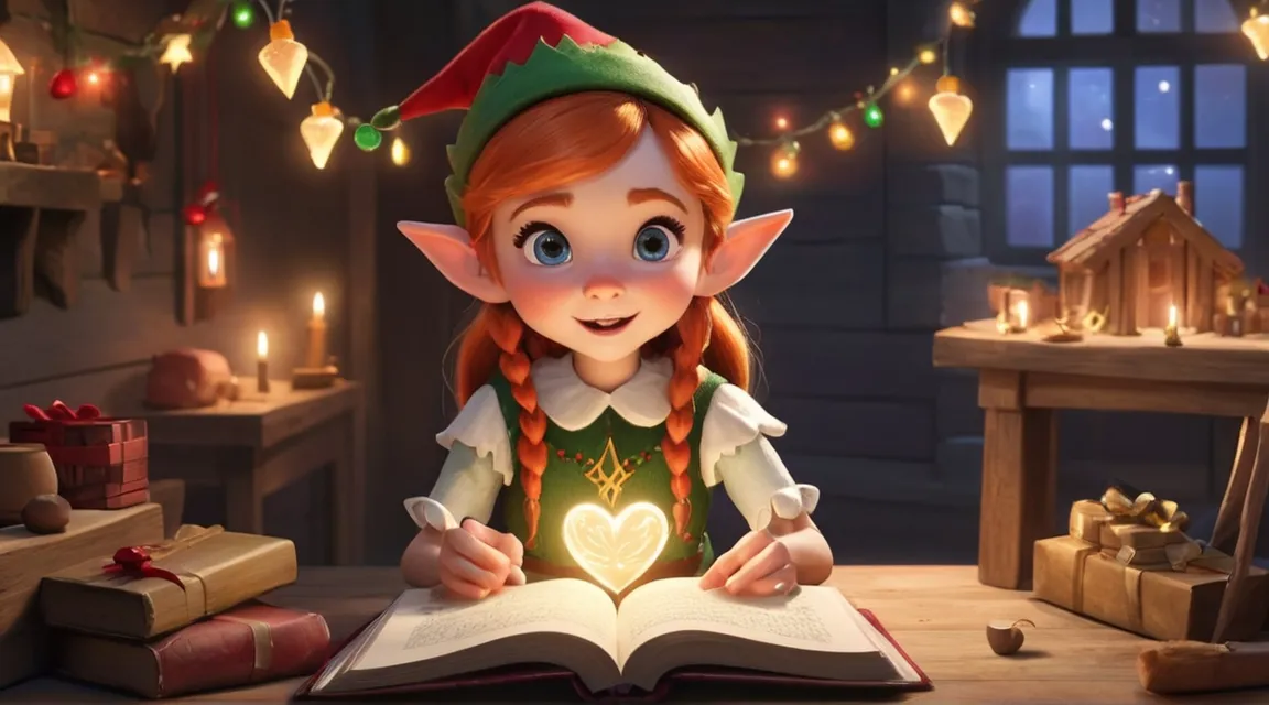 a little elf is reading a book in a room full of christmas lights