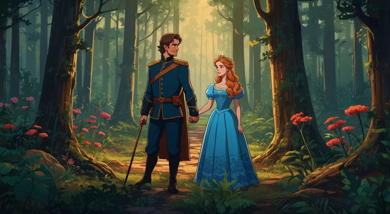 a man and a woman in a blue dress standing in a forest