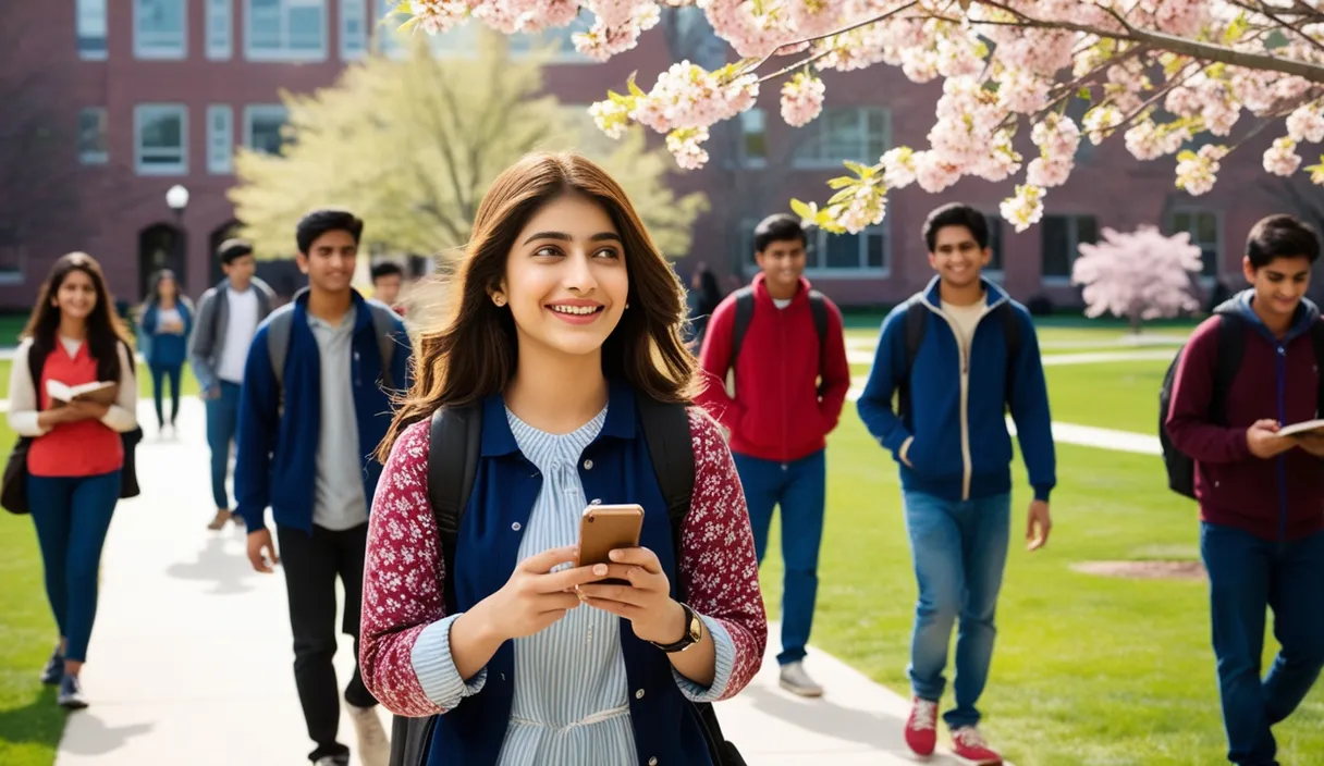 Campus Serenade: On a university campus, a Pakistani girl walking under a blossoming tree, a Bollywood song softly playing from her phone. The 4K wide shot captures students walking by and studying, but her smile and dreamy gaze reveal she is thinking about her boyfriend, who is attending a university in the United States, lost in her own romantic world.