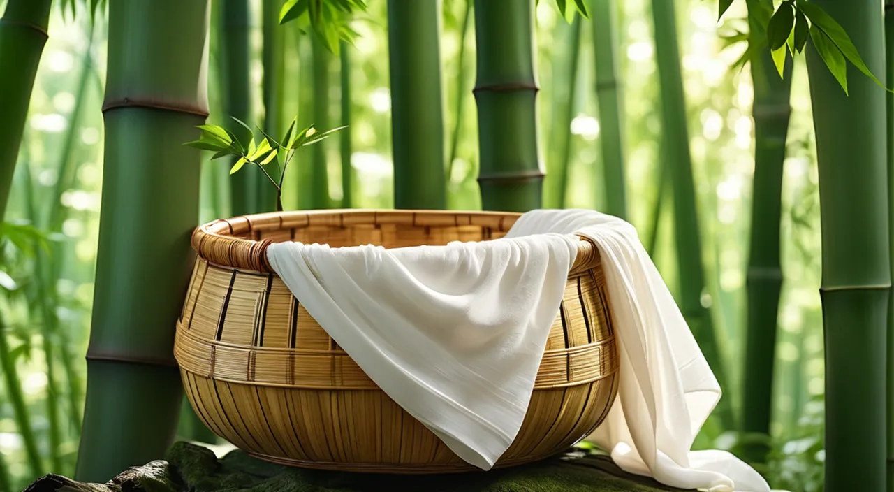 a bamboo basket with a white cloth on top of it