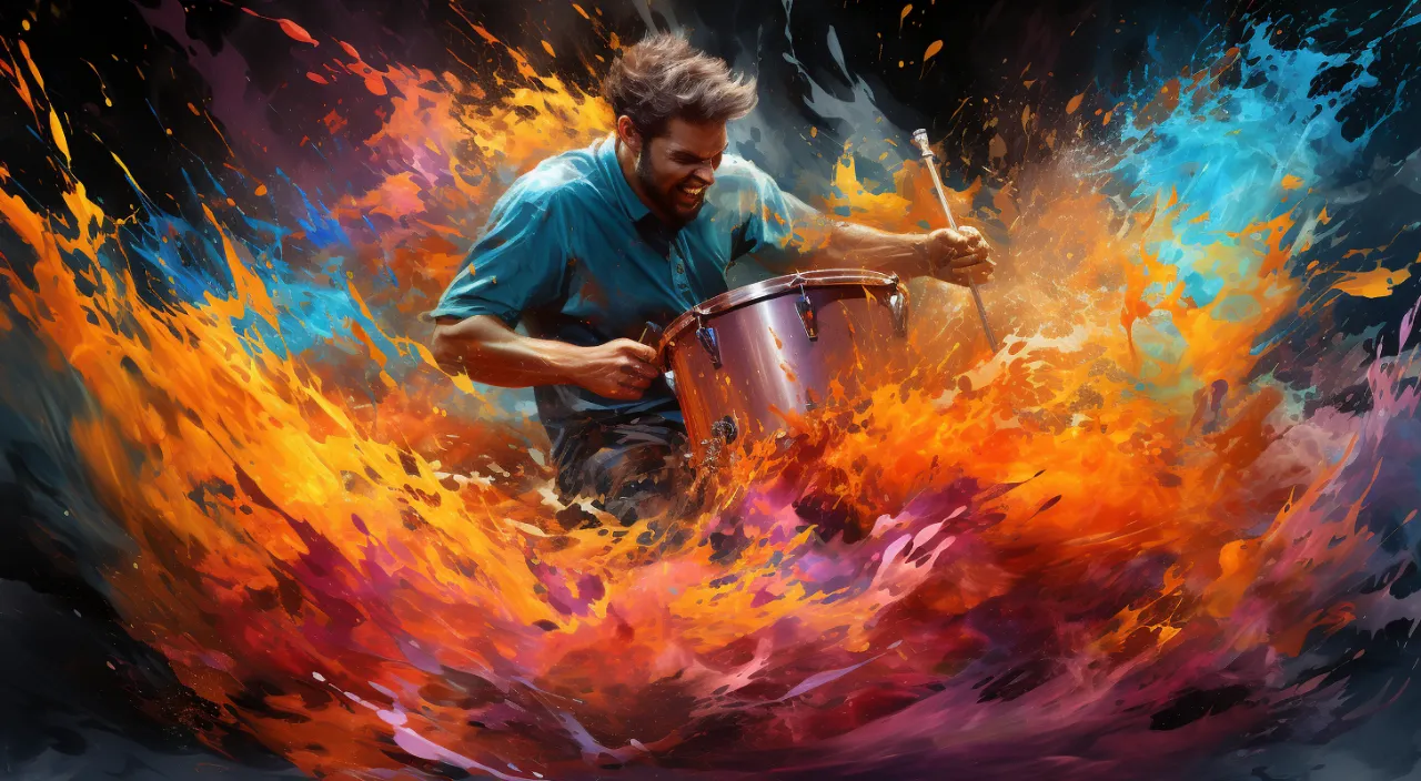 painting of a drummer playing the drums with paints