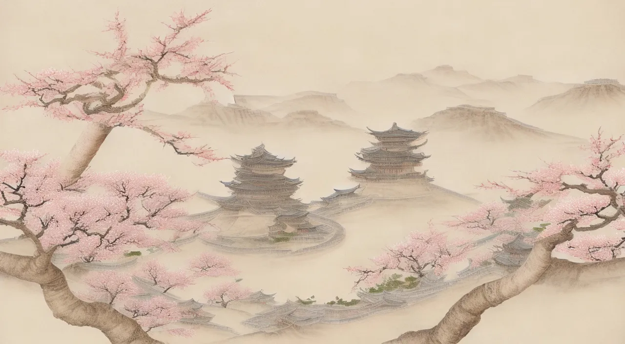 a painting of a chinese landscape with pink flowers