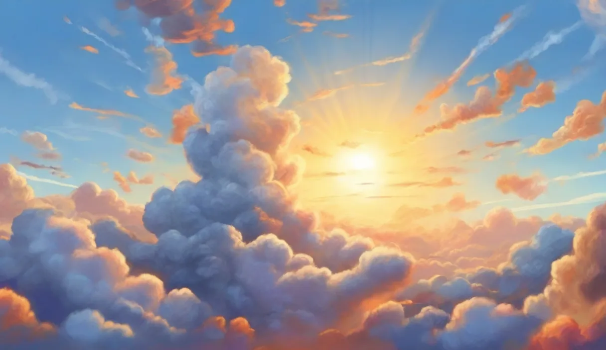 a painting of a sunset with clouds in the sky.cartoon