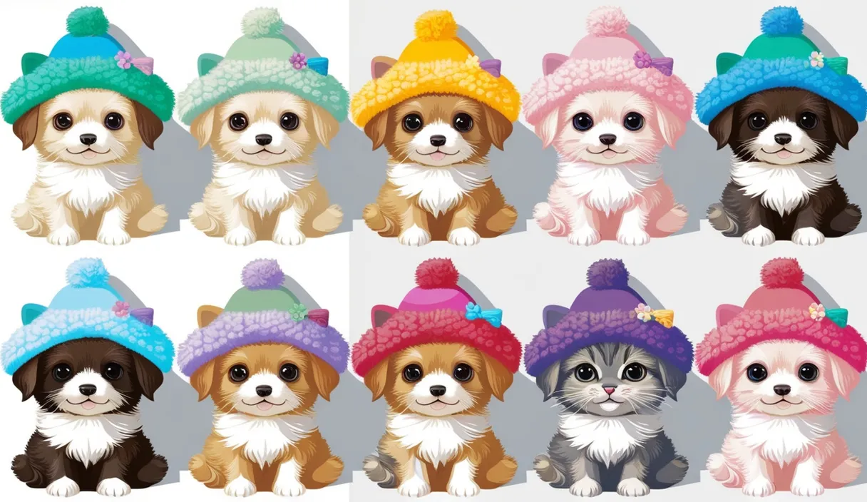 a group of dogs wearing hats sitting next to each other