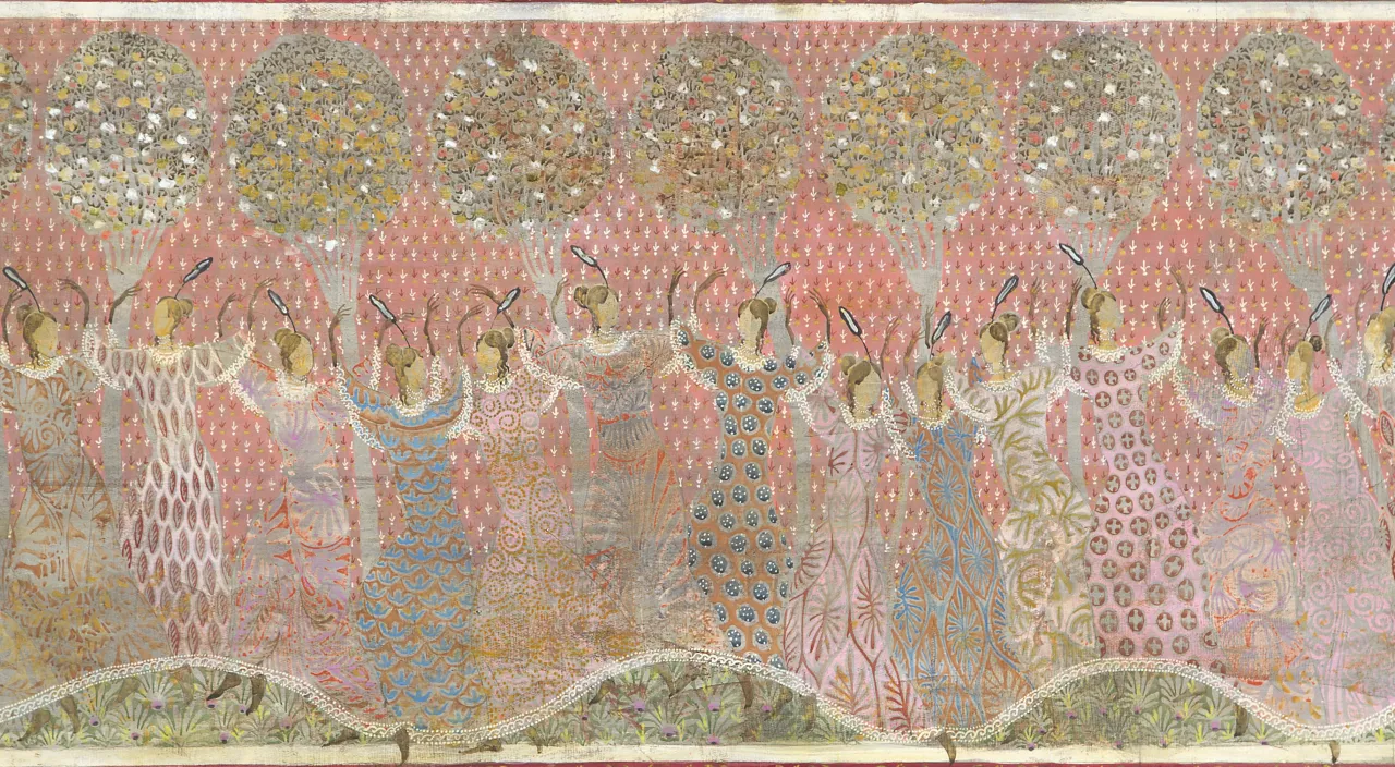 a painting of a group of women standing in front of a tree