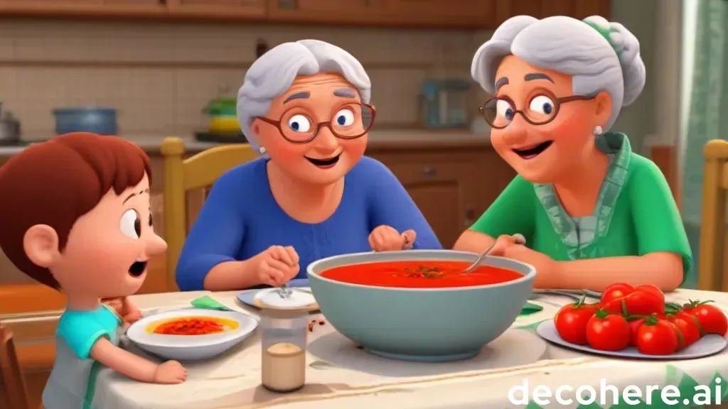 a woman and two children sitting at a table with a bowl of soup