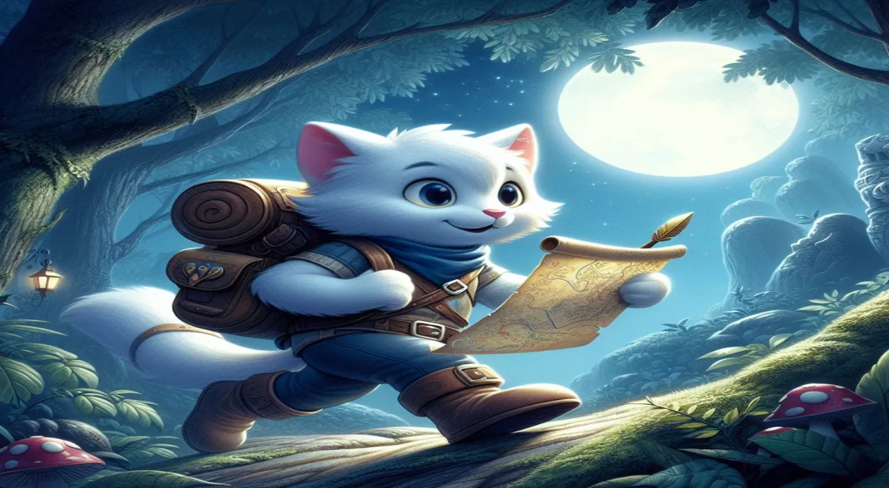 a white cat with a backpack and a map in a forest