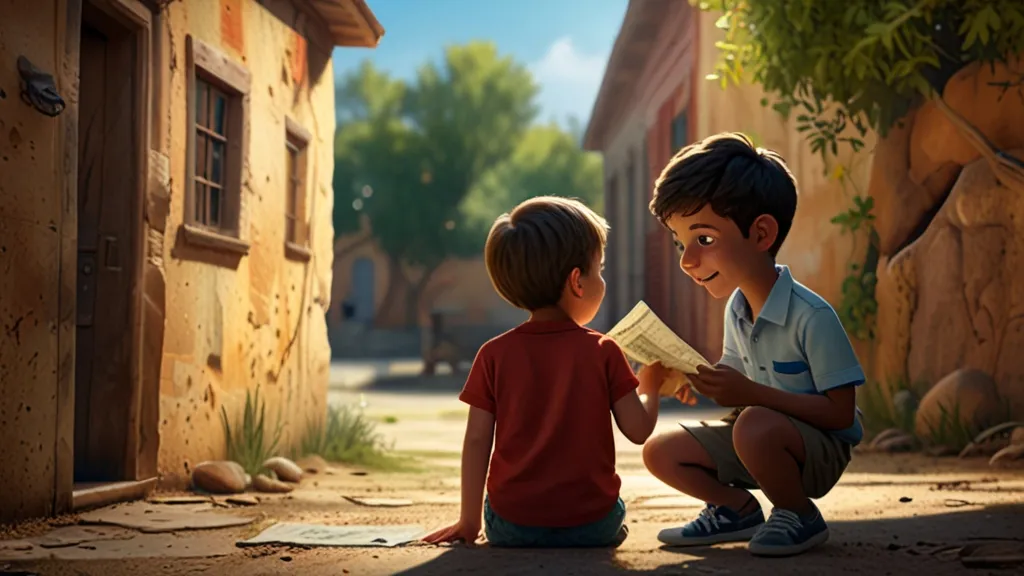 a boy reading a book to a boy sitting on the ground