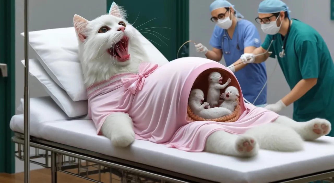 a white cat laying on top of a hospital bed