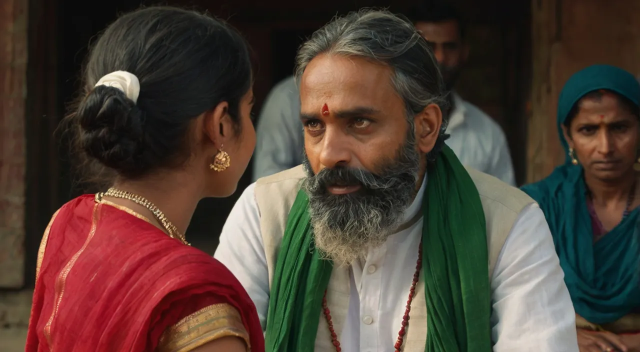 a man with a beard and a green scarf talking to a woman