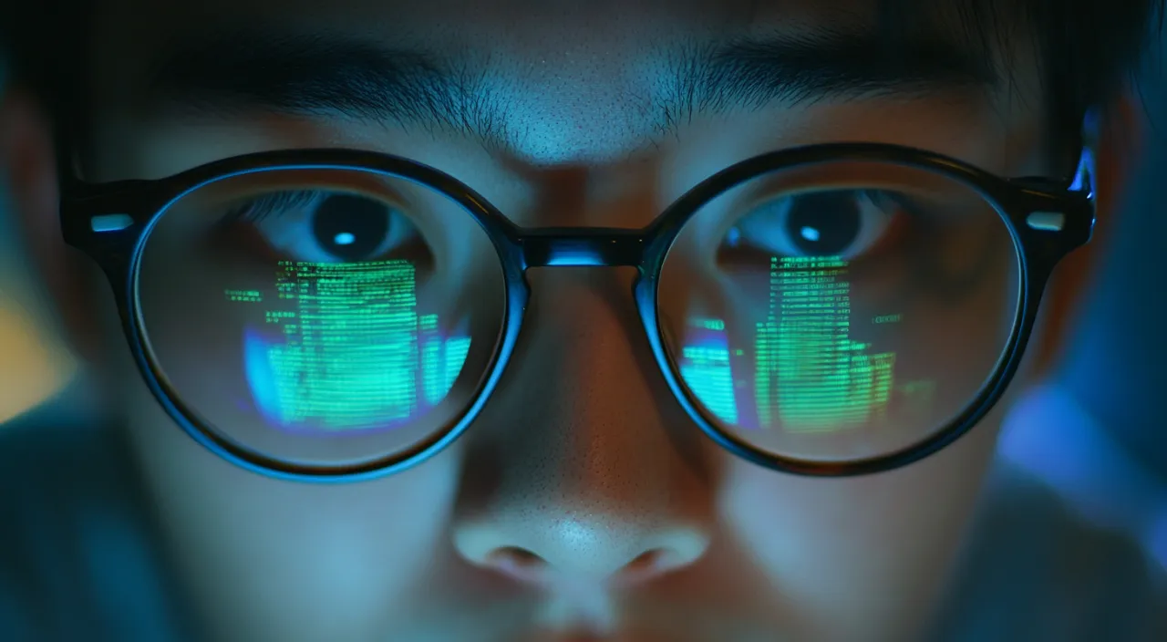 a person wearing glasses with a building computer screen reflected in them