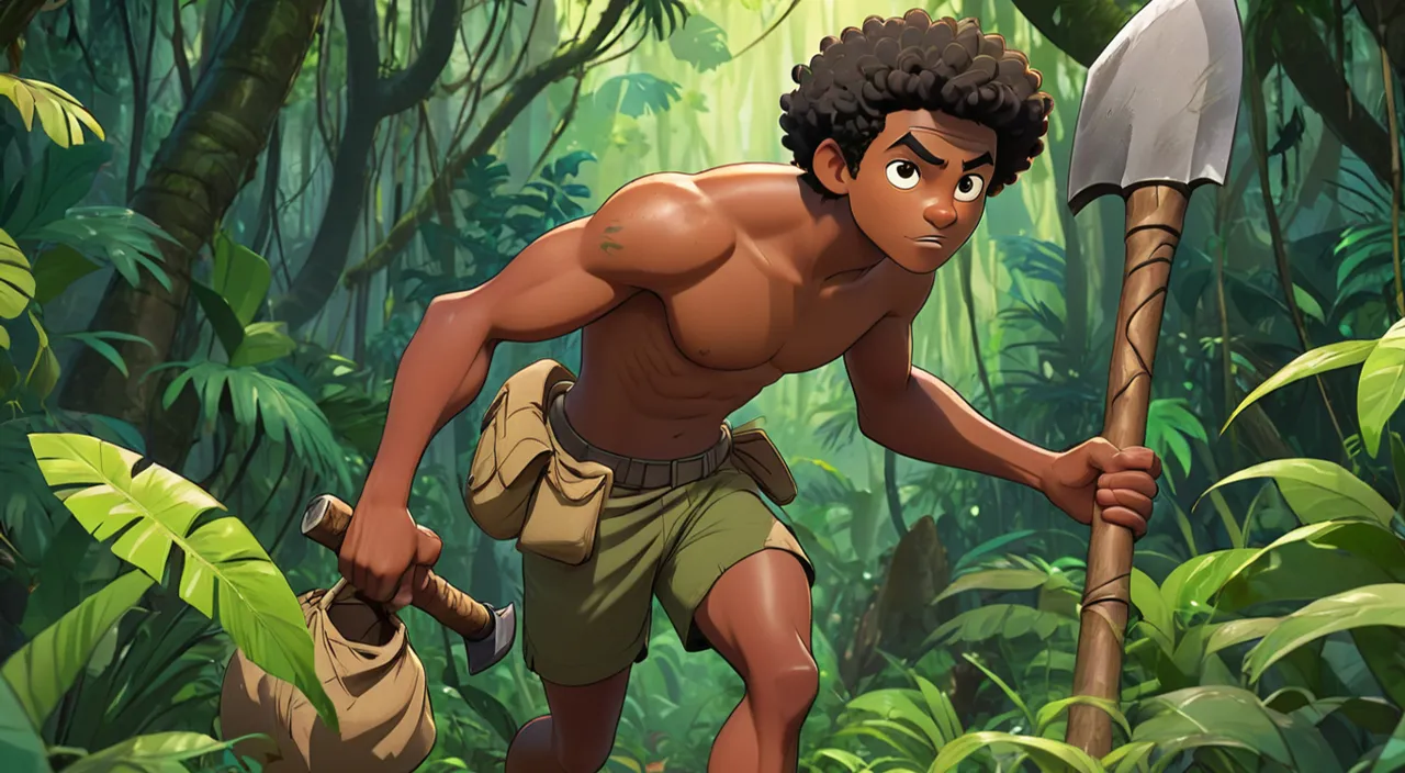 a poor man in the jungle holding an axe and a sack, Pixar Animation | multiple characters