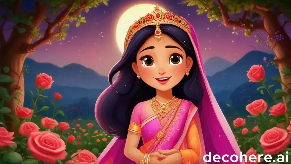 a cartoon girl in a pink sari standing in front of roses