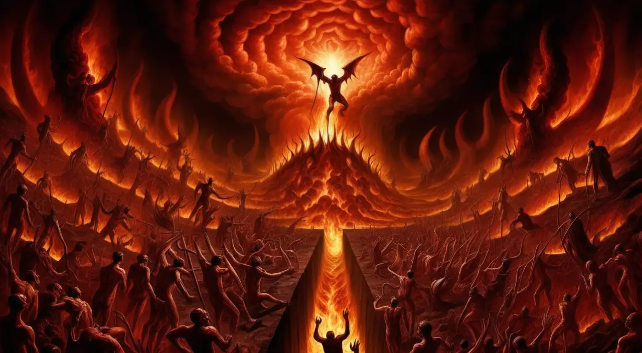 a painting of a man standing in front of a giant fire