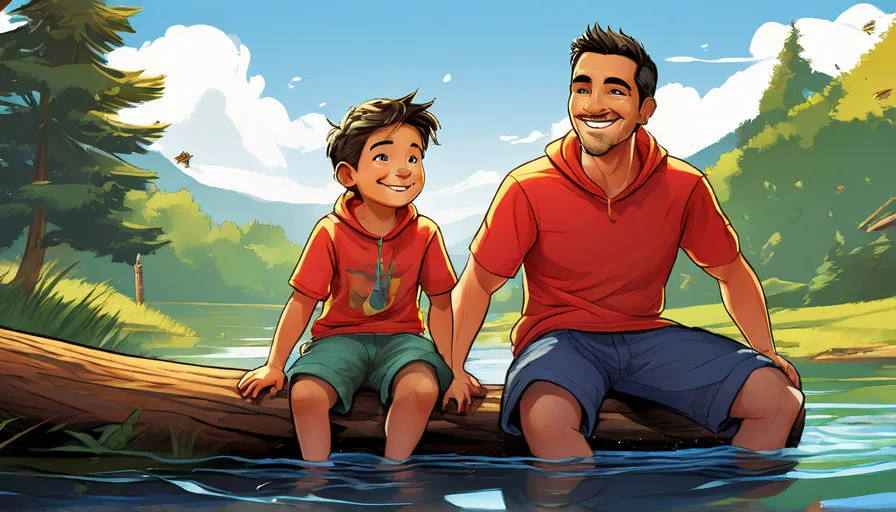 a father and son sitting on a log in the water